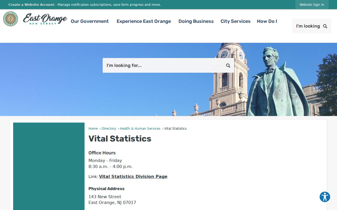 East Orange resident lookup Vital Statistics department listing