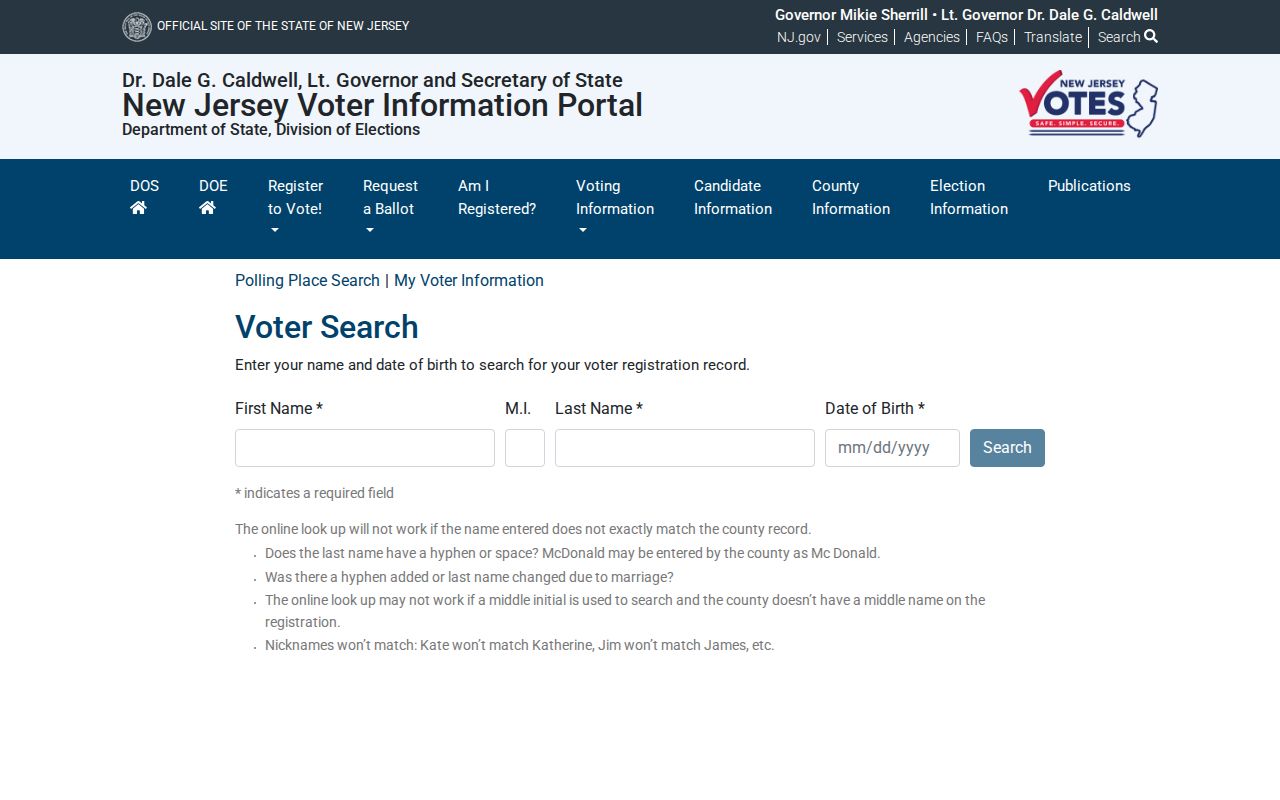 East Orange resident lookup New Jersey voter-status entry page